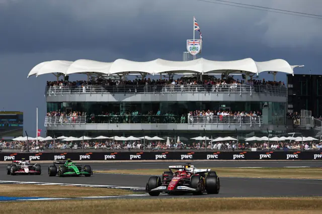 Charles Leclerc of Ferrari leads the British Grand Prix at Silverstone