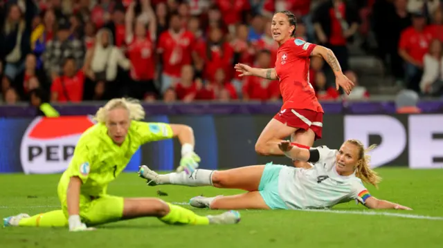 Switzerland's Geraldine Reuteler scores their first goal past Iceland's Cecilia Runarsdottir