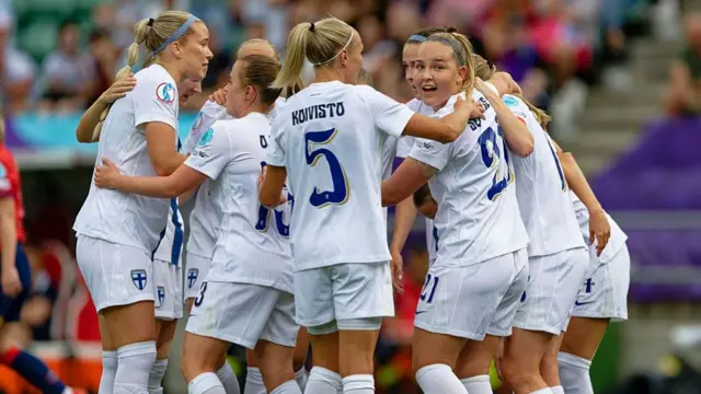 Oona Sevenius of Finland celebrates after scoring her team's first goal with teammates during the UEFA Womens EURO 2025 Group A match between Norway and Finland at Stade de Tourbillon