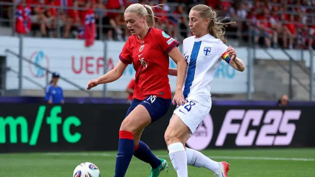 Mathilde Harviken of Norway is challenged by Linda Saellstroem of Finland during the UEFA Women's EURO 2025 Group A match between Norway and Finland at Stade de Tourbillon