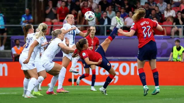 Guro Reiten of Norway creates a acrobatic chance during the UEFA Women's EURO 2025 Group A match between Norway and Finland at Stade de Tourbillon