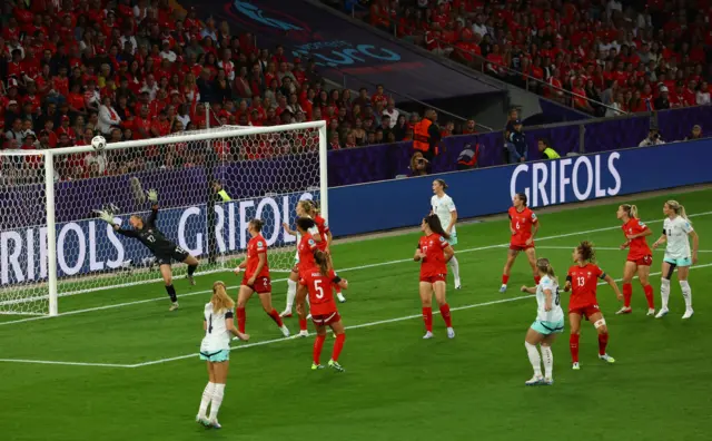 Iceland's Ingibjorg Sigurdardottir shoots at goal and hits the crossbar