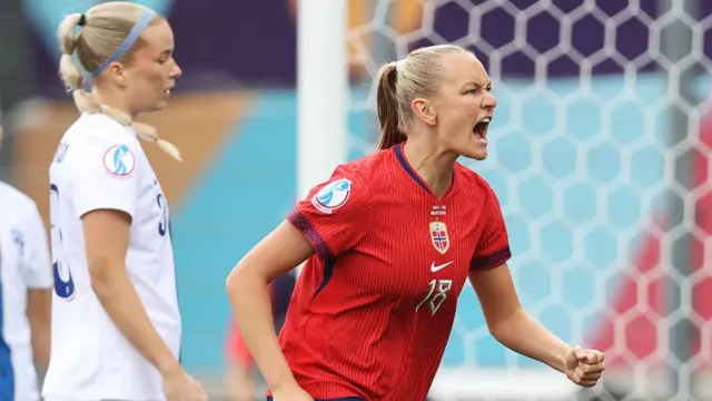 Frida Maanum of Norway celebrates after Eva Nystroem of Finland scores a own goal and Norway's first during the UEFA Women's EURO 2025 Group A match between Norway and Finland at Stade de Tourbillon