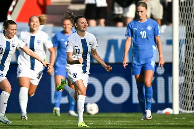 Katariina Kosola celebrates her goal v Iceland