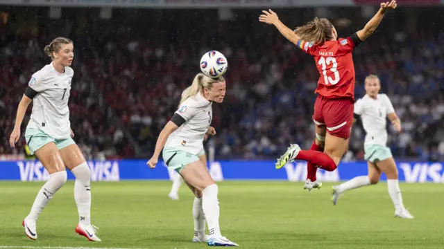 Iceland's Karolina Vilhjalmsdottir, left, and Sandra Jessen, during the UEFA Women's EURO 2025 group stage soccer match between Switzerland and Iceland in Bern, Switzerland,