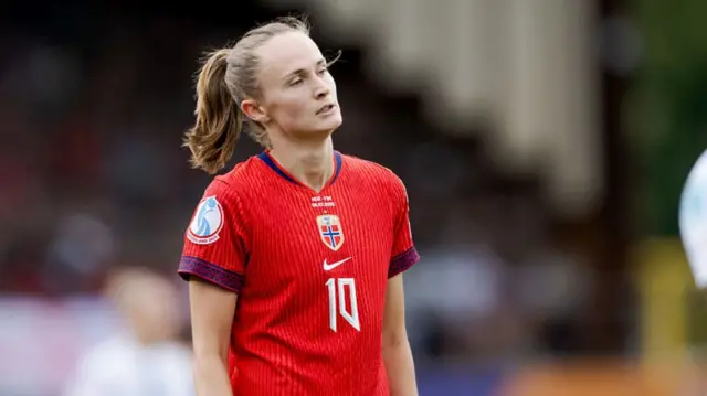 Caroline Graham Hansen of Norway Women disappointed during the EURO Women match between Norway Women v Finland Women at the Stade de Tourbillon