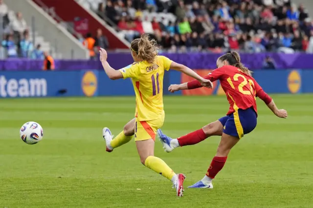 Claudia Pina scores Spain's fifth goal against Belgium