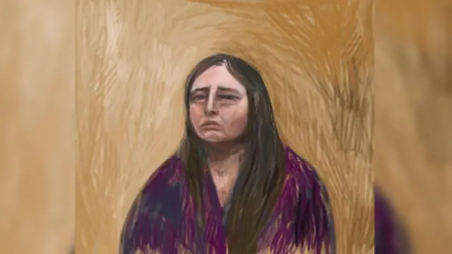 Court artist’s sketch of Erin Patterson with a frown, in a purple long sleeve shirt.