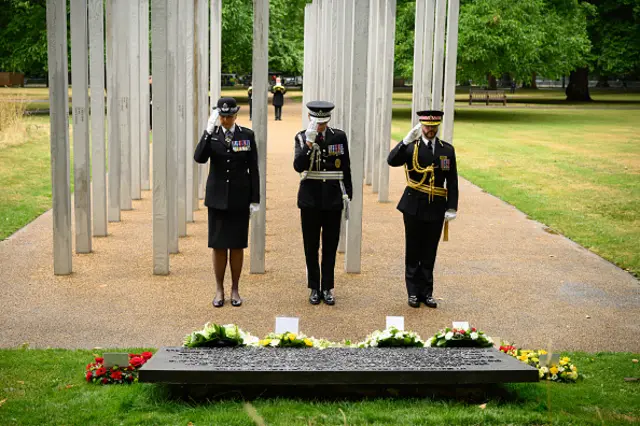 Chief Constable of the British Transport Police Lucy D'Orsi (L), Commissioner of the Metropolitan Police Service Sir Mark Rowley (C) and Commissioner of City of London Police Pete O'Doherty