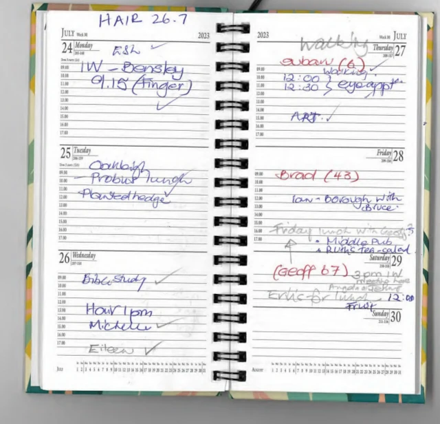 A photo of an open diary with various entries, and one reading "Erin's for lunch" on the Saturday.