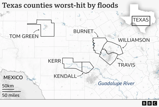 Map of Texas, showing the counties worst affected by the floods: Tom Green, Burnet, Williamson, Travis, Kerr and Kendal