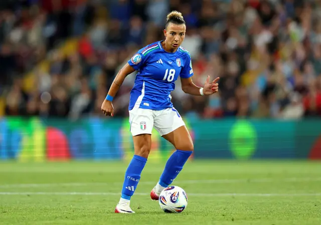 Arianna Caruso of Italy passes the ball during the UEFA Women's EURO 2025 Group B match between Portugal and Italy at Stade de Geneve on July 07, 2025 in Geneva, Switzerland.