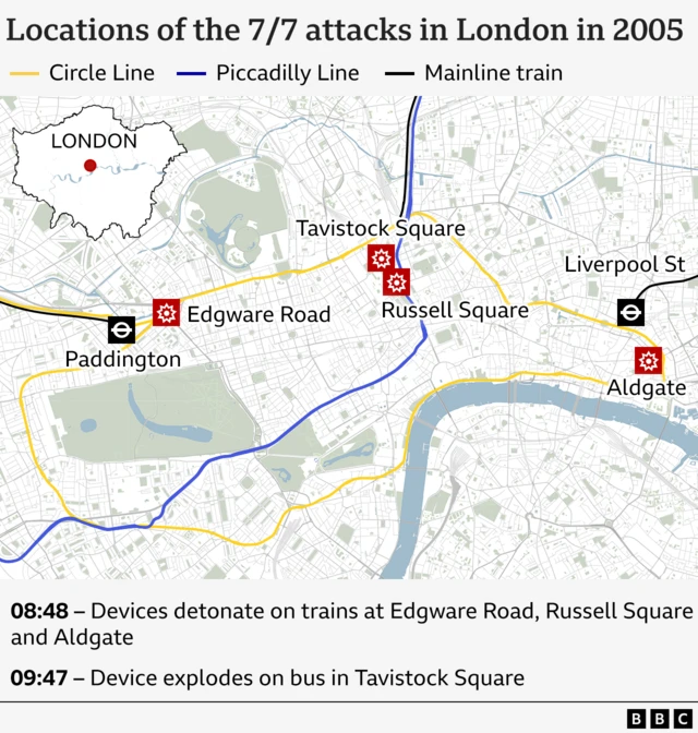 Map showing locations of bombs