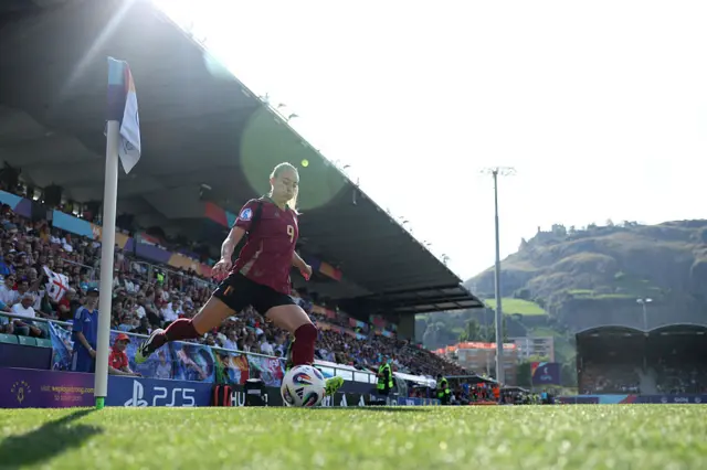 Tessa Wullaert of Belgium takes a corner kick during the UEFA Women's EURO 2025 Group B match between Belgium and Italy at Stade de Tourbillon on July 03, 2025 in Sion, Switzerland.