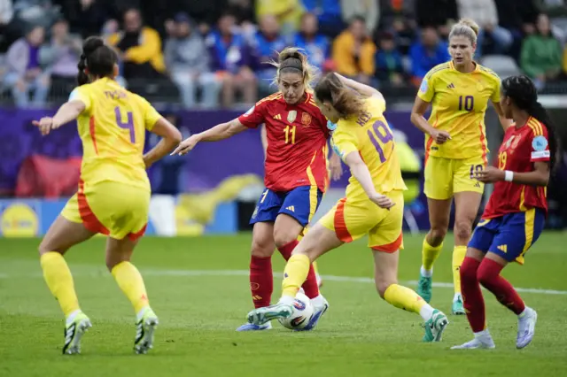 Spain's Alexia Putellas (centre left) scores their side's first goal