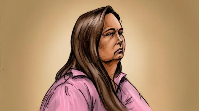 Court sketch of Erin Patterson, with long brown hair and wearing a pink and white striped collared shirt