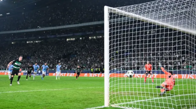 Viktor Gyokeres scores a penalty against Manchester City in the Champions League