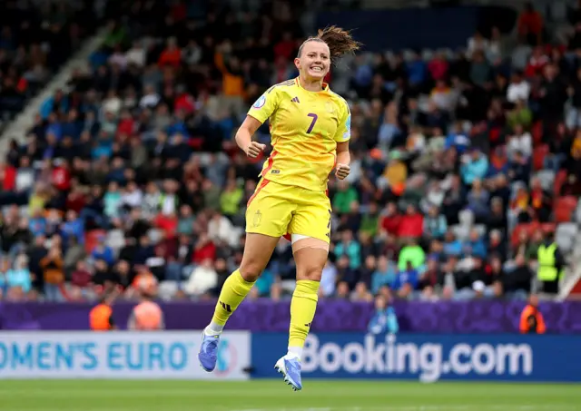 Hannah Eurlings celebrates after scoring for Belgium