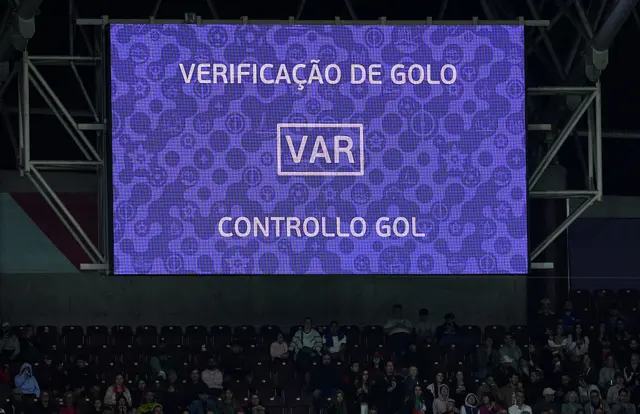 The LED screen displays a message from VAR which reads "Goal Verification, Goal Control" during the UEFA Women's EURO 2025 Group B match between Portugal and Italy at Stade de Geneve on July 07, 2025 in Geneva, Switzerland. (