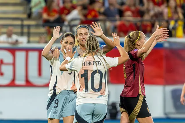 Esther Gonzalez of Spain celebrates scoring her team's second goal with team mates Alexia Putellas and Athenea del Castillo during the UEFA Women's Nations League 2024/25 Grp A3 MD5 match between Belgium and Spain at Stadium Den Dreef on May 30, 2025 in Leuven, Belgium.