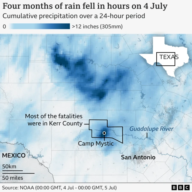 A map showing how much rainfall fell across central Texas on 4 July