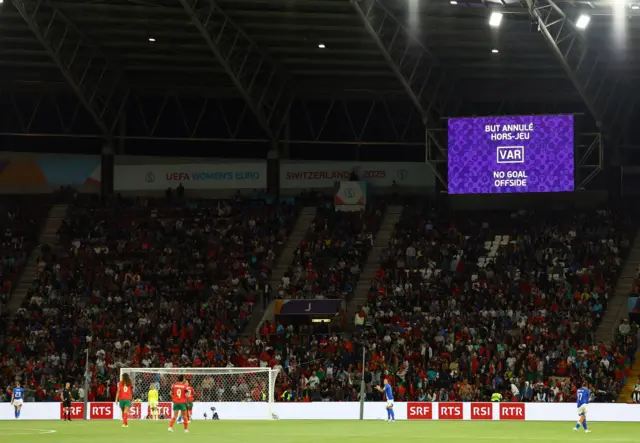 A big screen displays a VAR review message as Portugal's Diana Silva's goal is disallowed after a VAR review REUTERS