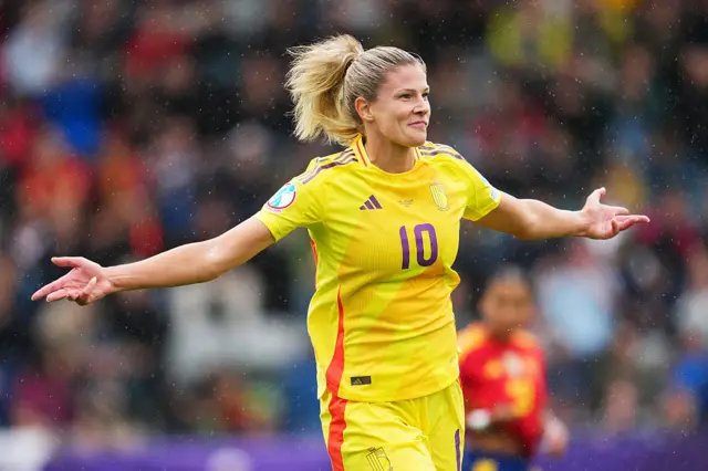 Justine Vanhaevermaet celebrates after scoring for Belgium