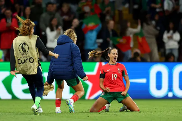 Diana Gomes of Portugal celebrates scoring her team's first goal during the UEFA Women's EURO 2025 Group B match between Portugal and Italy at Stade de Geneve on July 07, 2025 in Geneva, Switzerland.