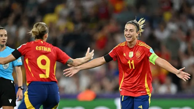 Alexia Putellas (R) of Spain celebrates after scoring with Esther Gonzalez Rodriguez (L) during the UEFA Women's EURO 2025 Group B match between Spain and Portugal at Stadion Wankdorf in Bern, Switzerland, on July 3, 2025.