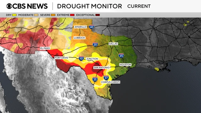 A CBS News graphic showing that parts of Texas were experience severe drought conditions before the floods