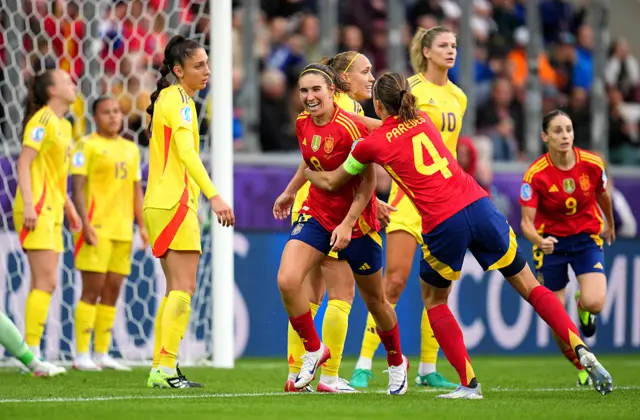 Mariona Caldentey celebrates after scoring for Spain