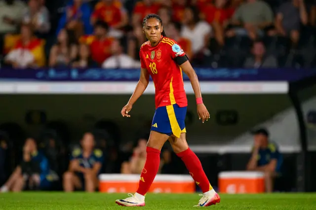 Salma Paralluelo of Spain walks in the field during the UEFA Womens EURO 2025 Group B match between Spain and Portugal at Stadion Wankdorf on July 3, 2025 in Bern, Switzerland.