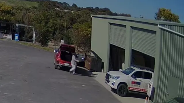 Still from CCTV showing a red car, boot open, with a woman dressed in grey, carrying a medium sized appliance into a green shed.