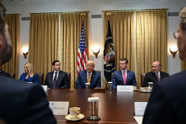 US President Donald Trump speaks during a cabinet meeting in the Cabinet Room of the White House. From left to right, Attorney General Pam Bondi, Secretary of State Marco Rubio, Defence Secretary Pete Hegseth, and Commerce Secretary Howard Lutnick.