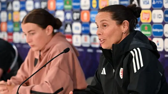 Wales' manager Rhian Wilkinson on the right, Angharad James on the left