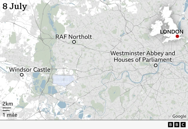 Map showing the locations of Winsor Castle, RAF Northolt and the Houses of Parliament