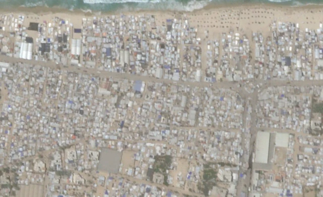 A satellite image taken on 4 July showing the tents of displaced Palestinians in the al-Mawasi area of the Gaza