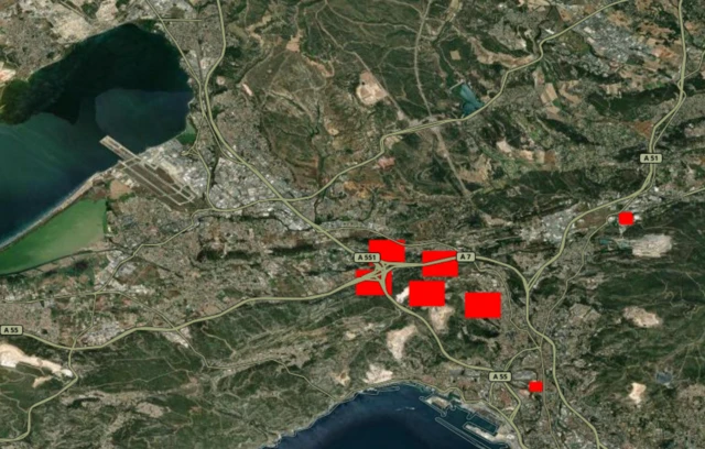 Map including data from the Nasa Firms system showing heat sources (in red) close to Marseille-Provence Airport