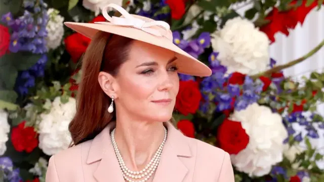 The Princess of Wales awaits the arrival of the President of France Emmanuel Macron and his wife Brigitte Macron at Datchet Road in Windsor