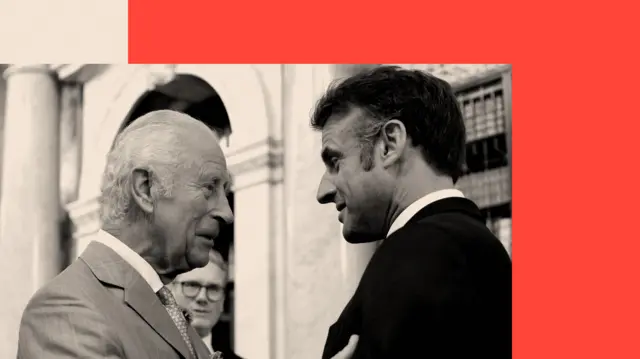 Treated image of King Charles and Emmanuel Macron who look into each others eyes and smile while Starmer watches on from behind