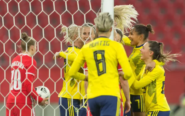Sweden players celebrate a goal v Poland in 2021
