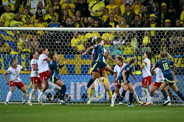Lina Hurtig heads the ball to score Sweden's third goal