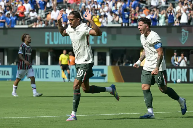 Enzo Fernandez celebrates with Joao Pedro after the latter scores his second goal