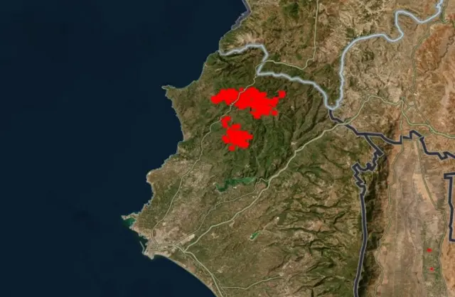 Nasa map showing heat signatures in north-west Syria on 5 July