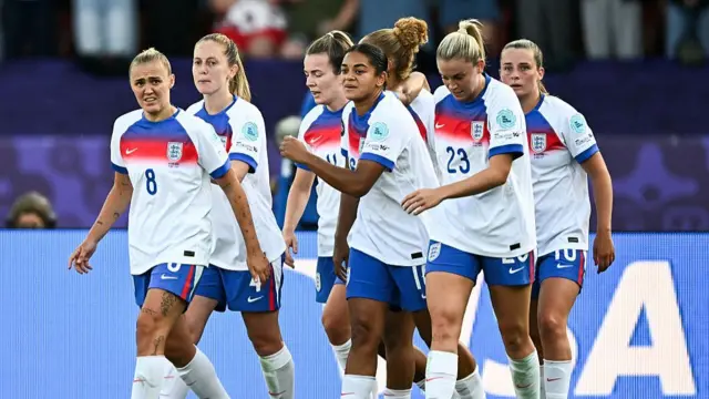 England's midfielder #08 Georgia Stanway (L) celebrates after scoring the second goal