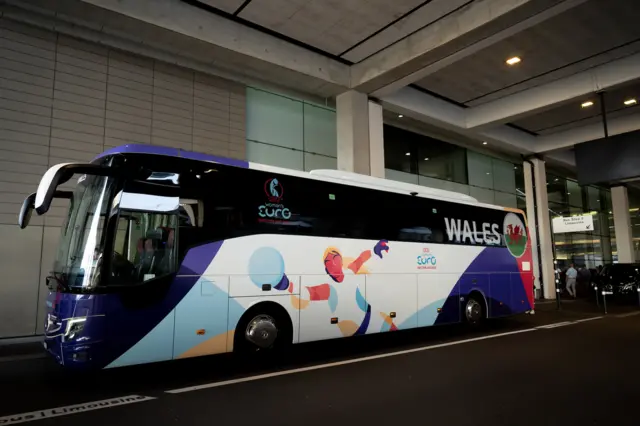 Wales' Euro 2025 team bus pictured during their pre-tournament camp in Portugal