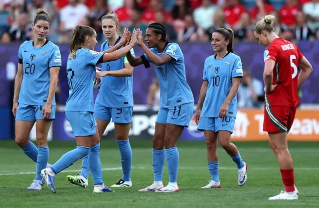 The Netherlands celebrate scoring against Wales