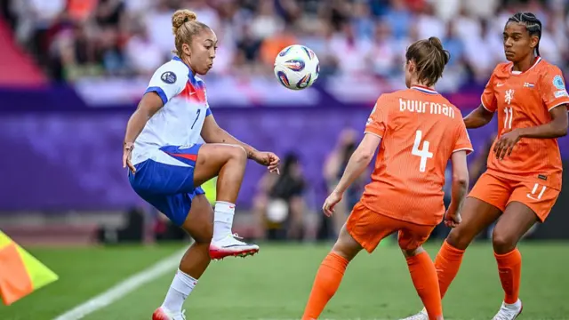 James of England, Veerle Buurman of Netherlands and Esmee Brugts of Netherlands battle for the ball