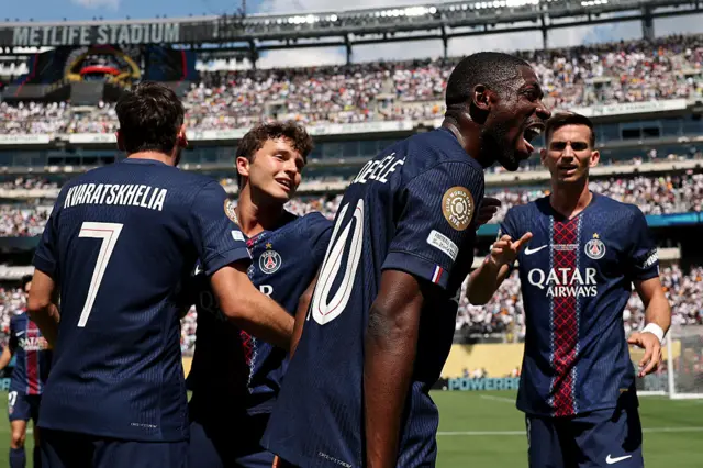 PSG players celebrate after Ousmane Dembele's goal