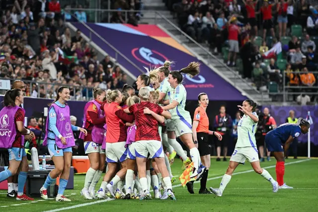 Jess Fishlock of Wales celebrates scoring her team's first goal after the VAR reviewed the on-field decision to disallow the goal before overturning and awarding the goal during the UEFA Womens EURO 2025 Group D match between France and Wales at Arena St. Gallen on July 09, 2025 in St Gallen, Switzerland. (Photo by Alex Caparros - UEFA/UEFA via Getty Images)